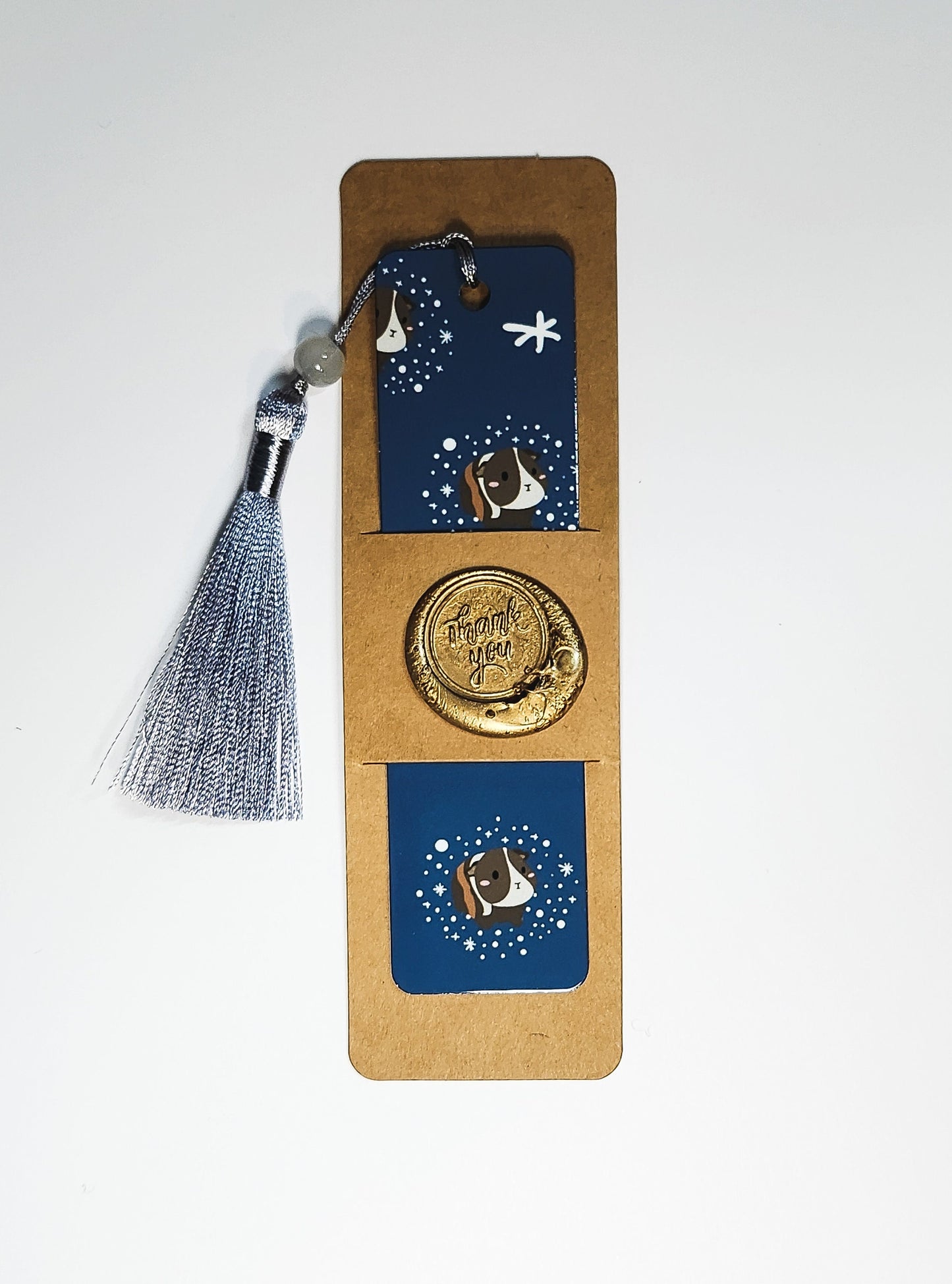 Guinea Pig Snow Bookmark- guinea pig bookmark, snow bookmark, guinea pig tassel bookmark, winter bookmark, blue bookmark, dark blue bookmark