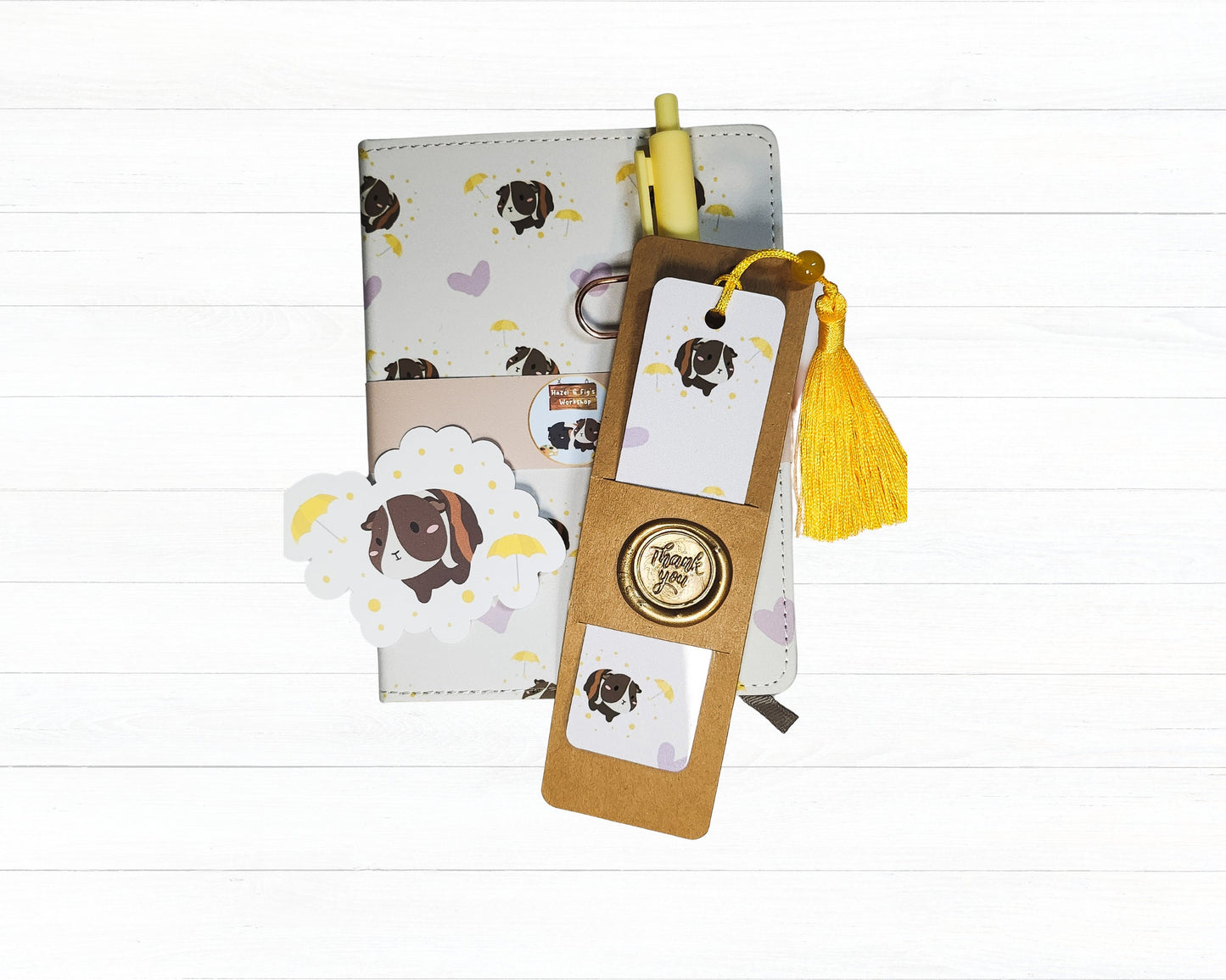 Guinea Pig Picnic Journal, Bookmark and Sticker Set- umbrella notebook, umbrella bookmark, guinea pig notebook, A6 notebook, rain sticker