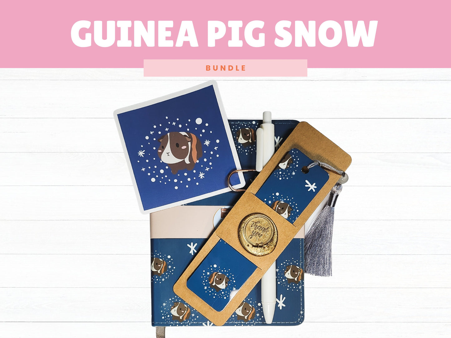 Guinea Pig Picnic Journal, Bookmark and Sticker Set- snow notebook, snow bookmark, guinea pig notebook, A6 notebook, snowflake sticker