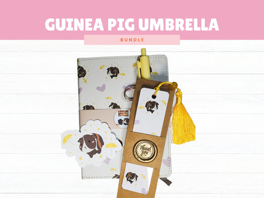 Guinea Pig Picnic Journal, Bookmark and Sticker Set- umbrella notebook, umbrella bookmark, guinea pig notebook, A6 notebook, rain sticker