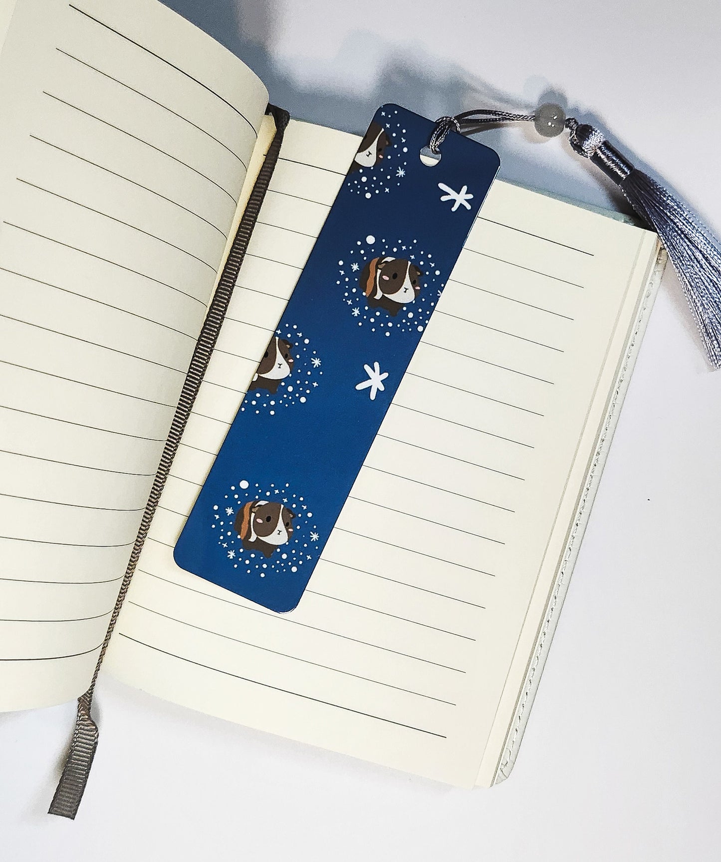 Guinea Pig Snow Bookmark- guinea pig bookmark, snow bookmark, guinea pig tassel bookmark, winter bookmark, blue bookmark, dark blue bookmark