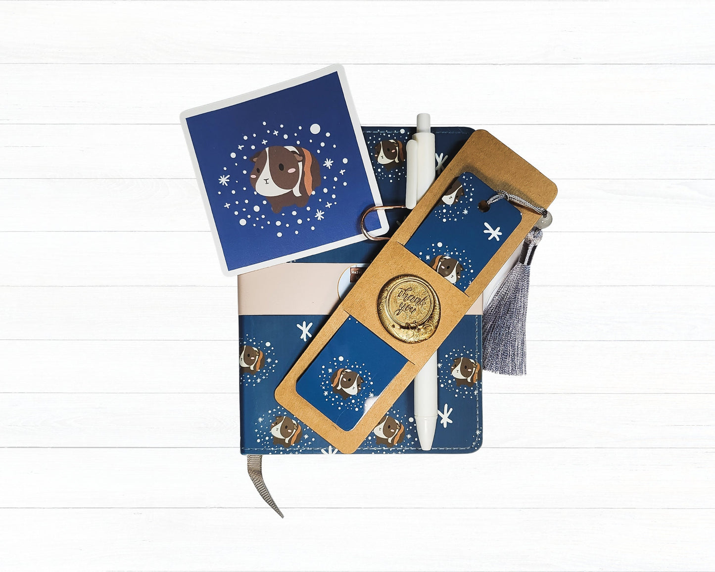 Guinea Pig Picnic Journal, Bookmark and Sticker Set- snow notebook, snow bookmark, guinea pig notebook, A6 notebook, snowflake sticker