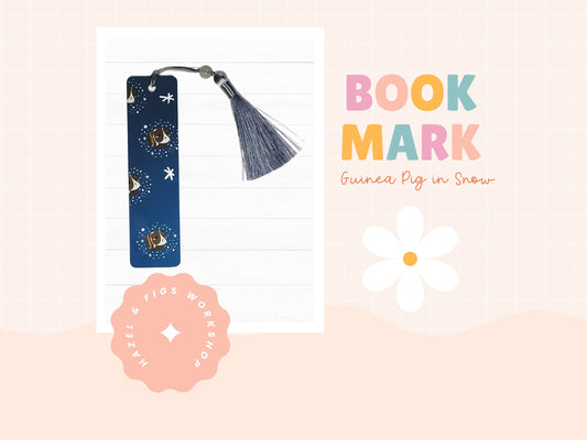 Guinea Pig Snow Bookmark- guinea pig bookmark, snow bookmark, guinea pig tassel bookmark, winter bookmark, blue bookmark, dark blue bookmark