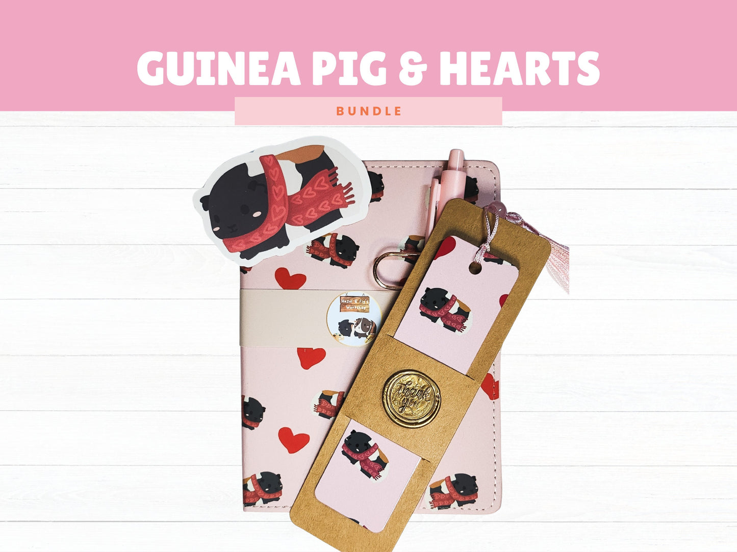 Guinea Pig & Hearts Journal, Bookmark and Sticker Set- heart notebook, valentine's notebook, guinea pig notebook, A6 notebook, heart sticker